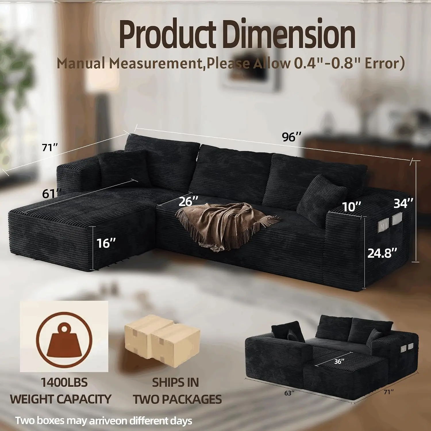 Boneless Sectional Couch Black L Shape Sofa Ottoman with Recliner Bed Memory Foam Modular Cloud No Bones in a Box, Custom