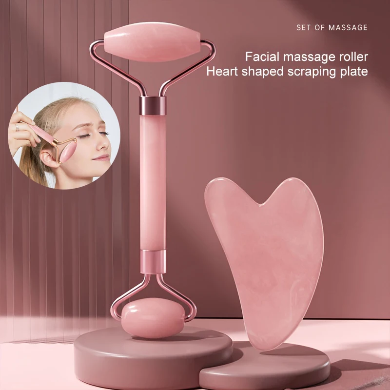 1Pcs Pink Natural Jade Roller for Face - Jade Gua Sha Rose Quartz Face Roller for Aging Wrinkles and Puffiness - Natural Pink F