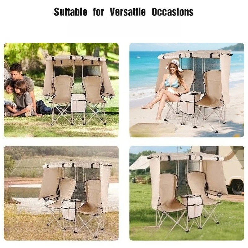Outdoor Camping Leisure Double Folding Chair Fishing Beach Chair Integrated Awning Canopy Director's Chair camping chairs folding chair outdoor furniture camping chair