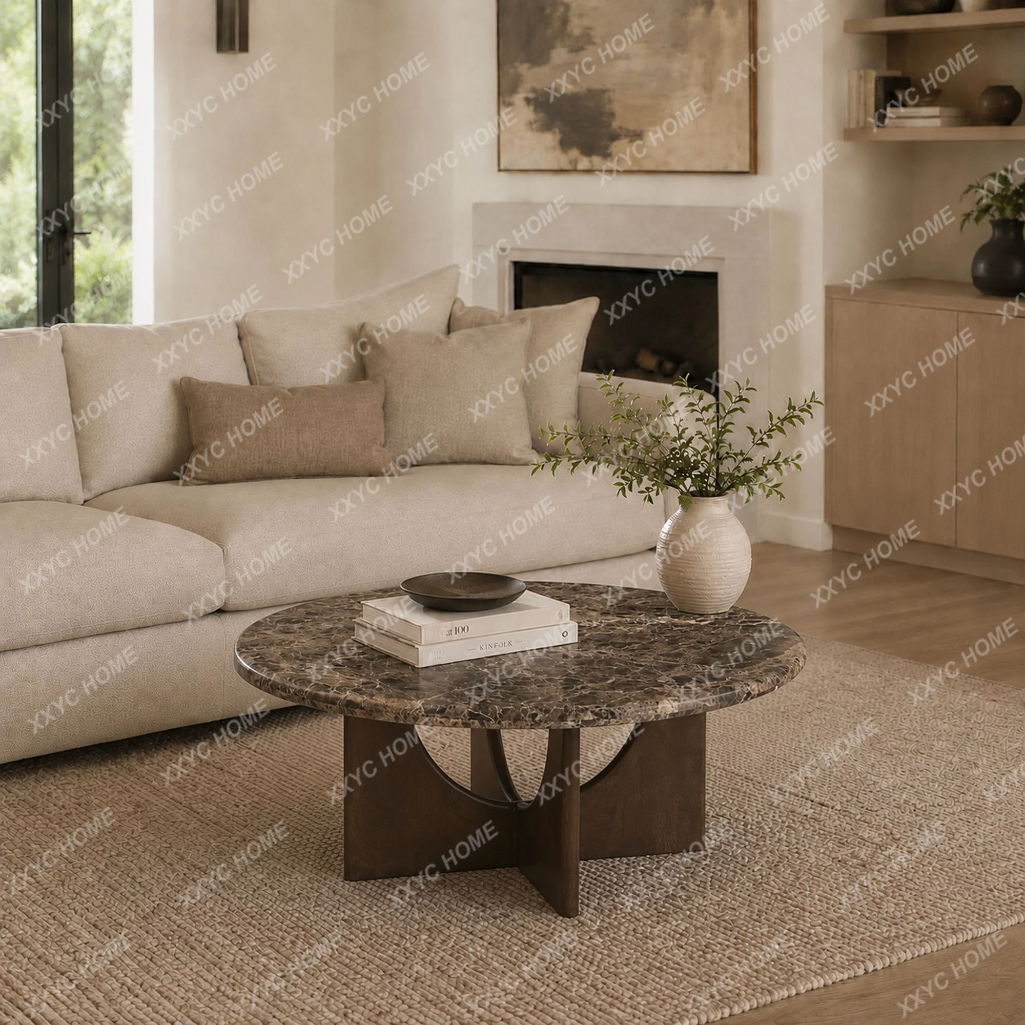 Light luxury solid wood marble coffee table Modern simple luxury stone tea table Medium antique villa model room coffee table