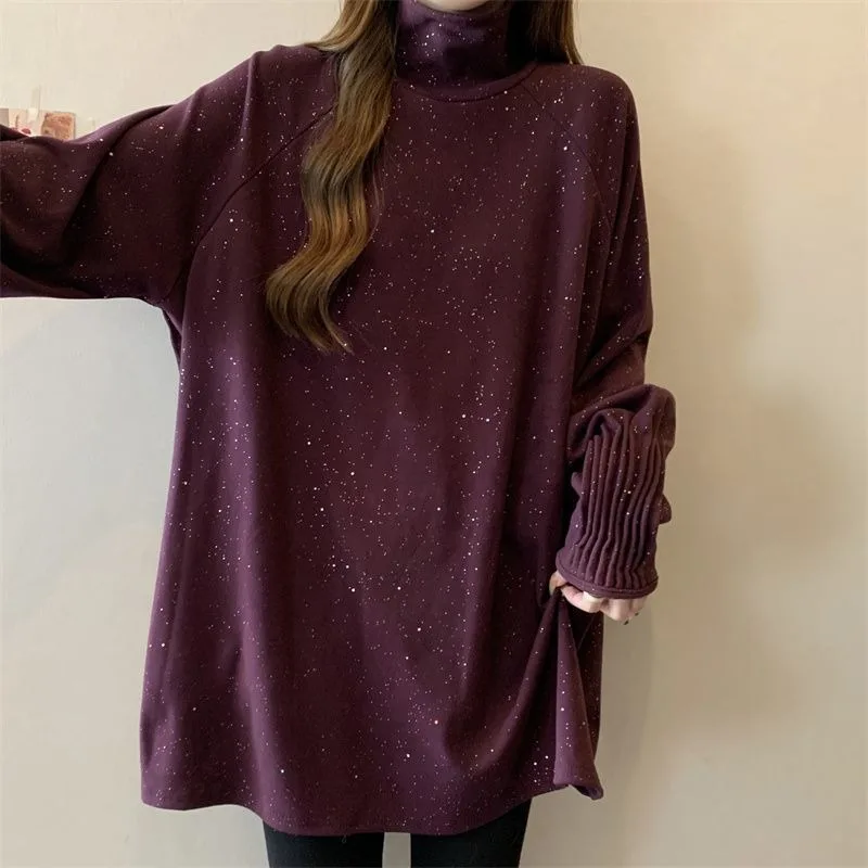 A New Loose Long-sleeved Warm Top for Women in Autumn and Winter Featuring Oversized Fleece Starry Sky High-neck Base Layer 2026