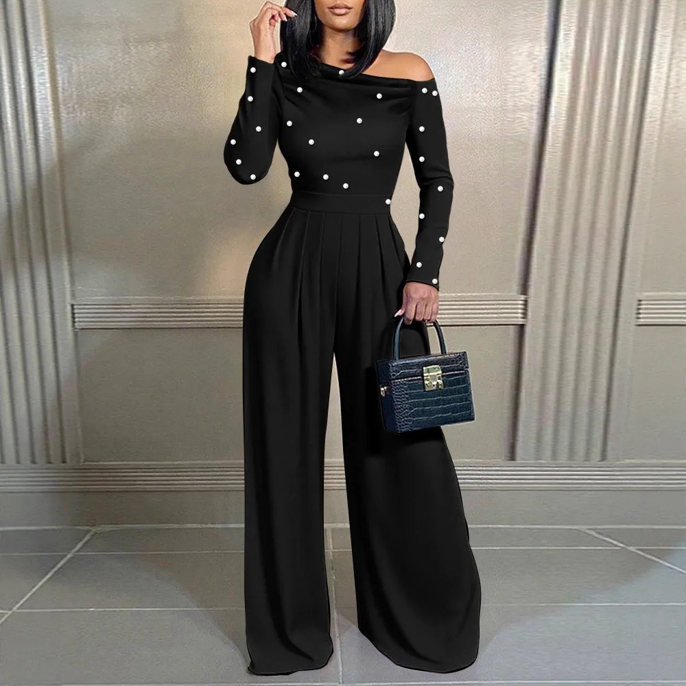 Beaded Slanted Shoulder Jumpsuit Spring Summer Women's New Fashion Street Trendy Solid Color Long-sleeved Jumpsuit Ropa Mujer