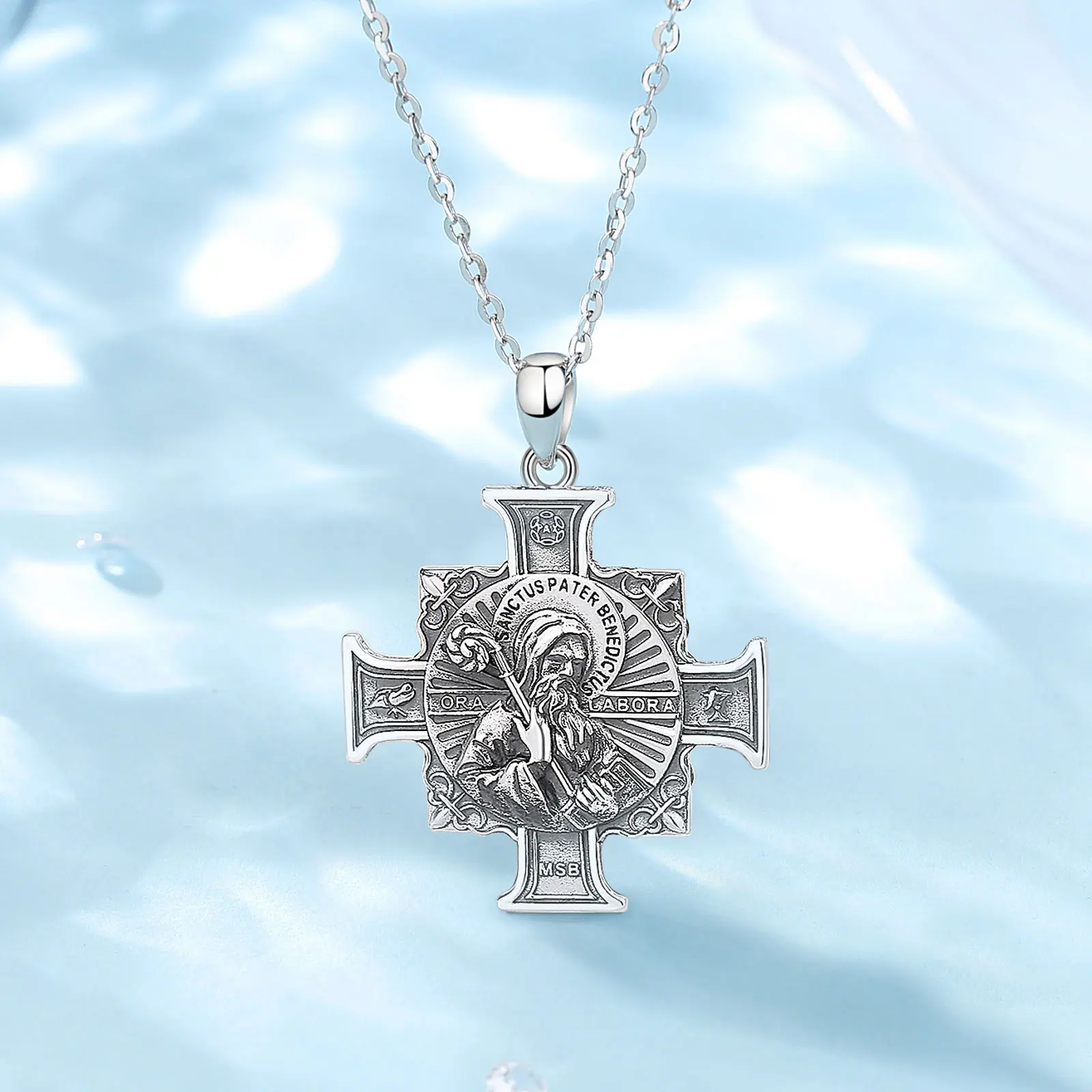 Eudora 925 Sterling Silver saint benedict medal Necklace for Women Man Vintage Cross of san benedict Pendant Religious Jewelry