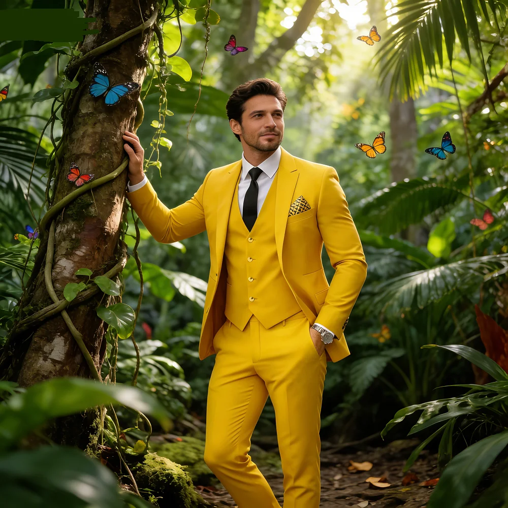 

Elegant Rose Red 3-Piece Slim Fit Men's Suit Double Breasted Blazer Vest Pants Set for Wedding Groom Tuxedo Business Party