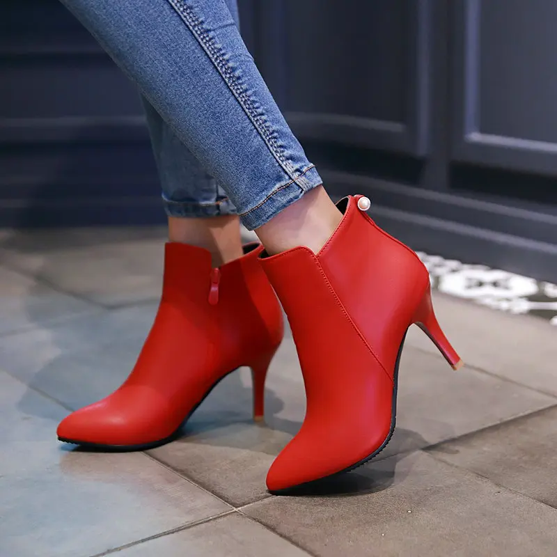 

Экстра большие размеры 33–52, элегантные женские зимние осенние туфли с острым носком и жемчугом, ботильоны на высоком каблуке с шипами, красные, черные, серые ботинки на каблуке