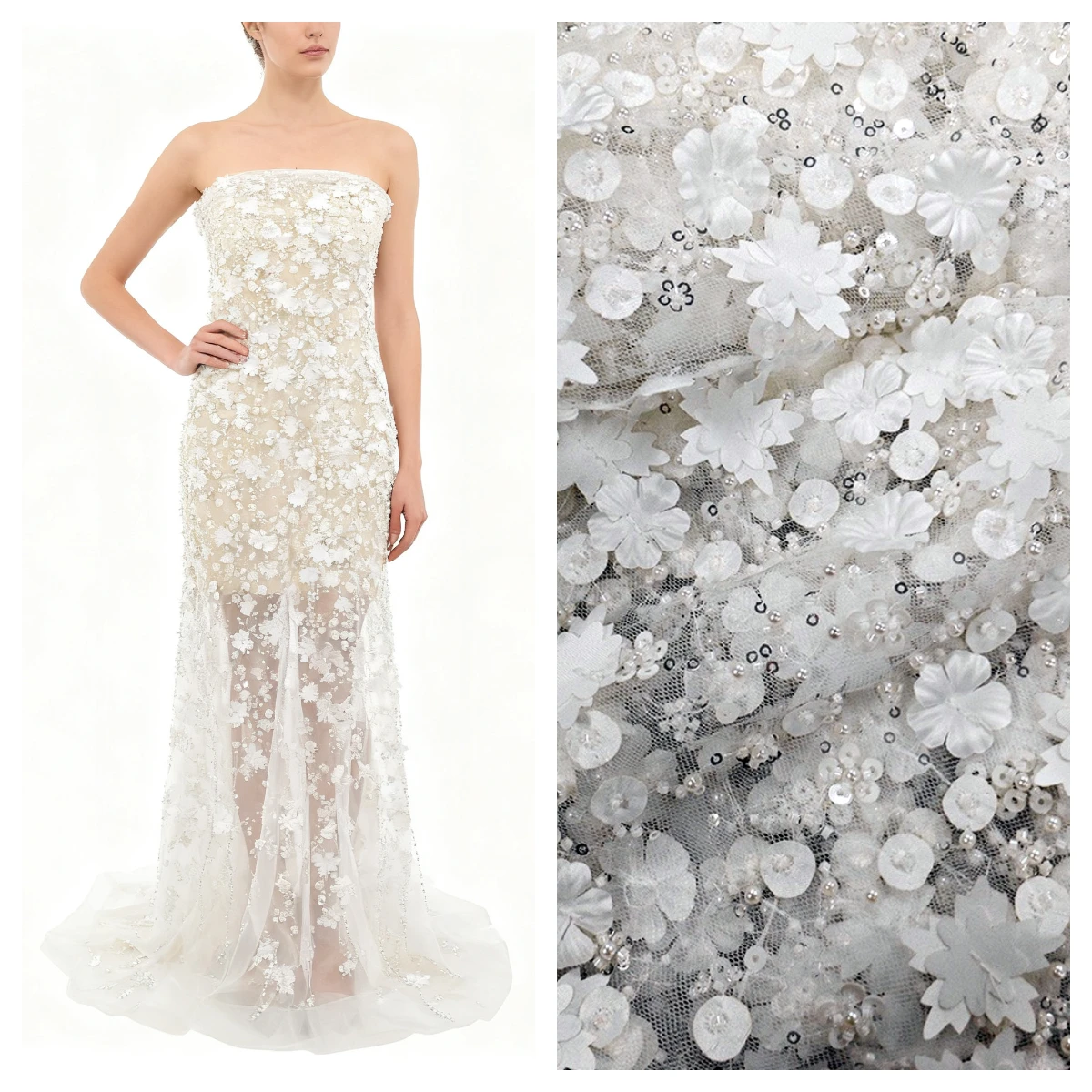 

Премиум 3D вышивка бисером и блестками белая сетчатая кружевная ткань для свадебного вечернего сценического платья DIY