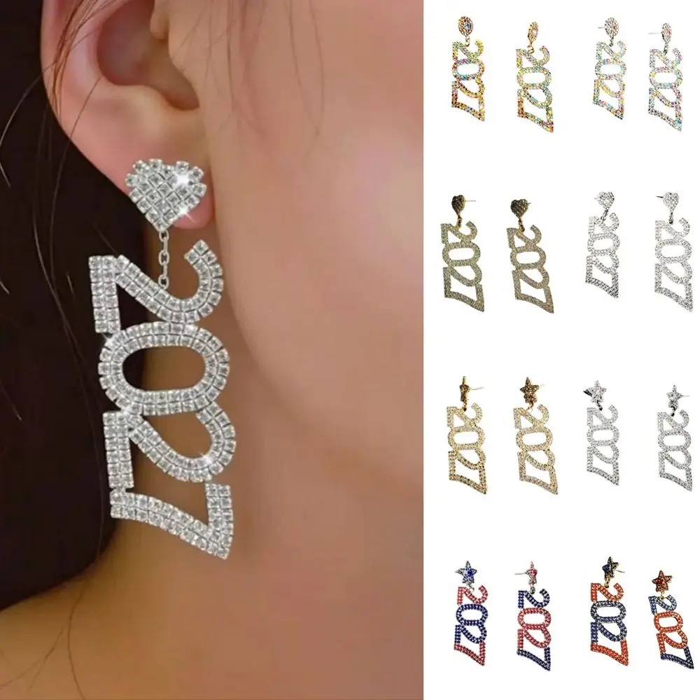 Trendy Elegant 2027 Digital Earrings Fashion Long Drop New Year Earrings Shiny Rhinestone Long Drop Earring Celebration Holiday