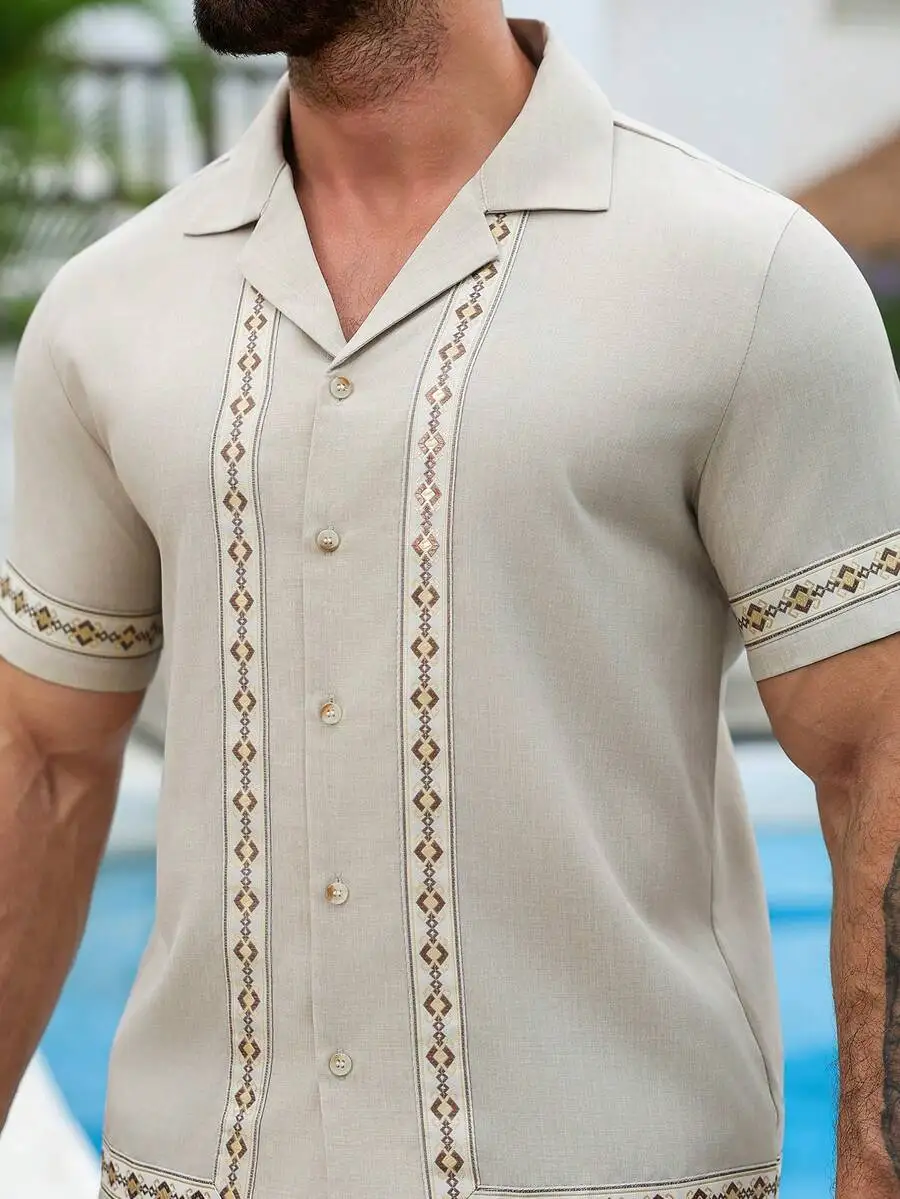 

Mens Guayabera Style Short Sleeve Shirt With Embroidered Geometric Pattern Casual Summer Wear
