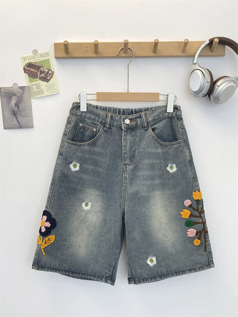 

Ковбойские шорты с цветочной вышивкой, свободные четверть брюки в американском уличном стиле, широкие шорты, мужские и женские летние шорты, новинка 2023 года