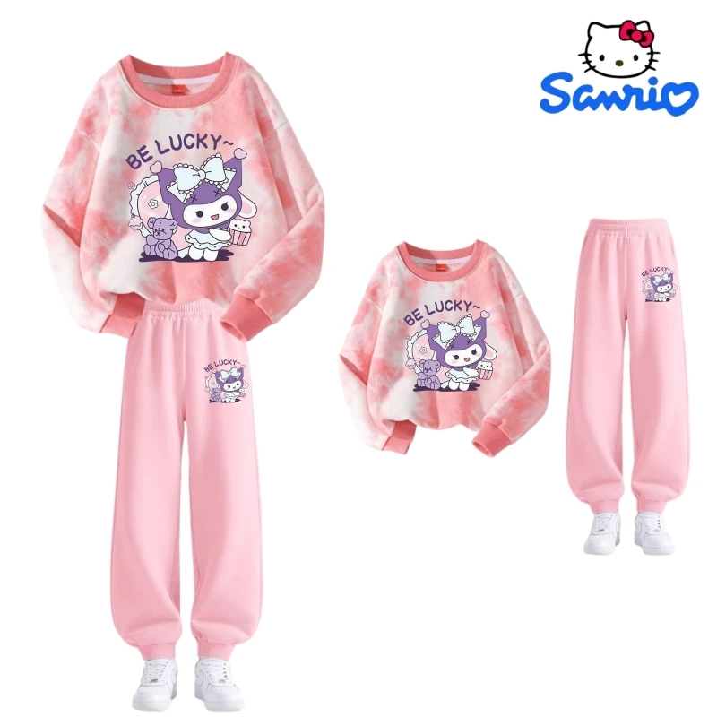 

Комплект одежды Sanrio для маленьких девочек, осенние детские милые толстовки с принтом Кутоми, пуловер, топ и штаны с принтом тай-дай, костюм из 2 предметов, детские спортивные костюмы