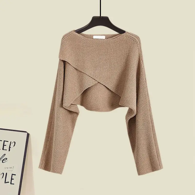 Feminino outono inverno novo vintage o-pescoço camisola de malha + saia estilingue sexy terno de 2 peças coreano chique curto pulôver vestido