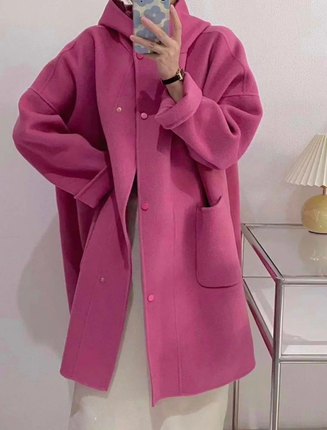 Women's mid length hooded oversize wool coat with raglan sleeves, long coat for office women, autumn/winter 2023