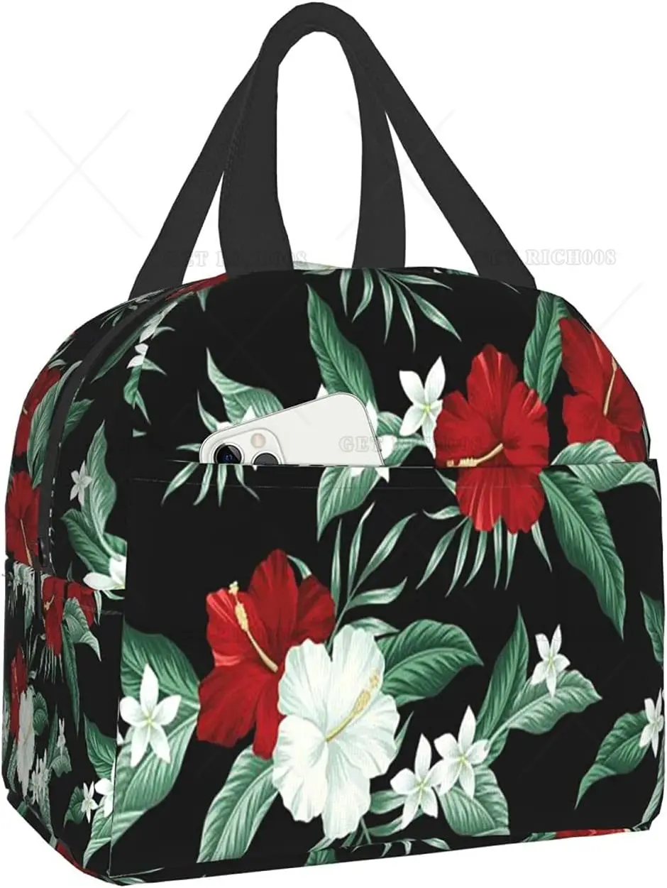 Bolsa de almuerzo de hibisco rojo de flores hawaianas tropicales, bolsa de mano para mujeres, hombres, niños, contenedor de almuerzo aislado