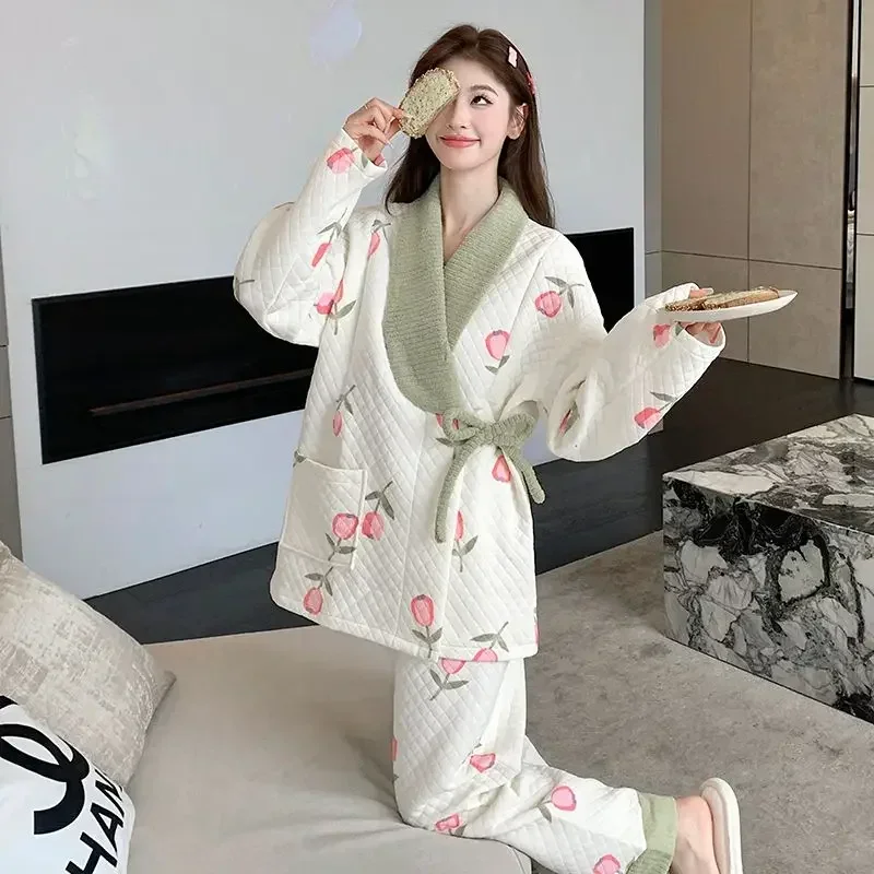 Large Size Feeding Pregnant Kimono Home Clothes Sleepwear Month Clothes Air Cotton Cotton Sandwich Breastfeeding Pregnant Women