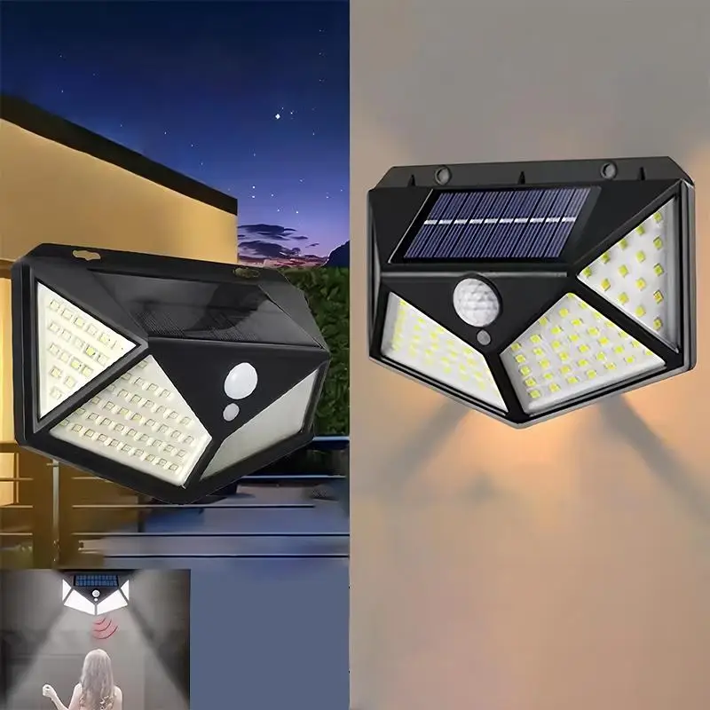 100 LED أضواء الجدار الشمسية PIR محس حركة الجدار الخفيفة في الهواء الطلق مقاوم للماء IP65 تعمل بالطاقة الشمسية لمسار ساحة عمود السياج