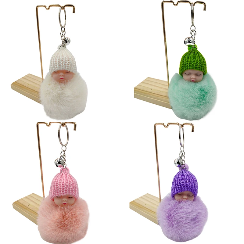 Multi-colored Knitted Hat Wear Fluffy Sleeping Baby Keychains Plush Doll Keyring Bag Accessories Hanging Holder Fashion Decor