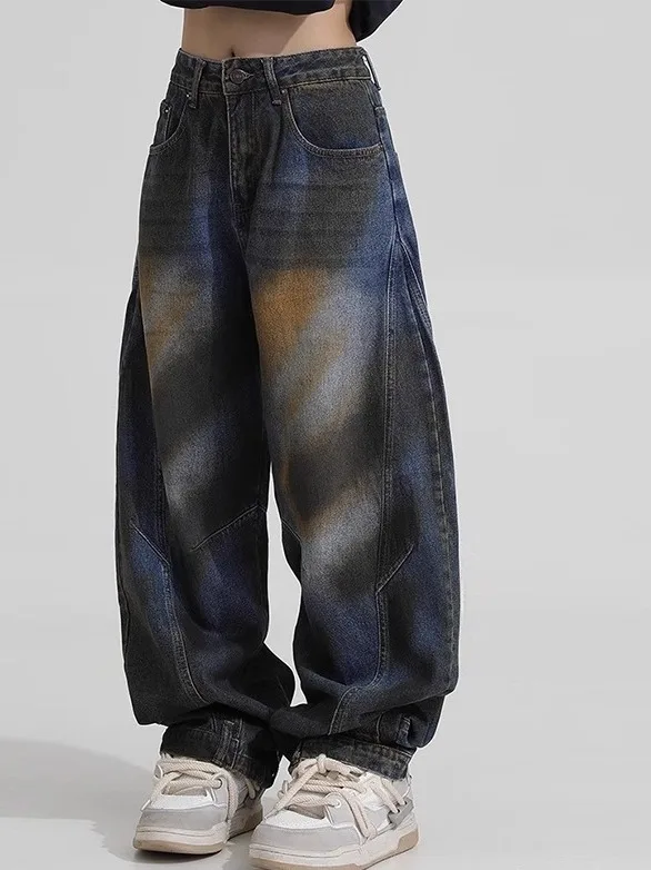 

Retro High Waist Wide Leg Knife Jeans Women's Fashion Dirt Dyed American Vibe Washed out Denim Casual Wear Resistant