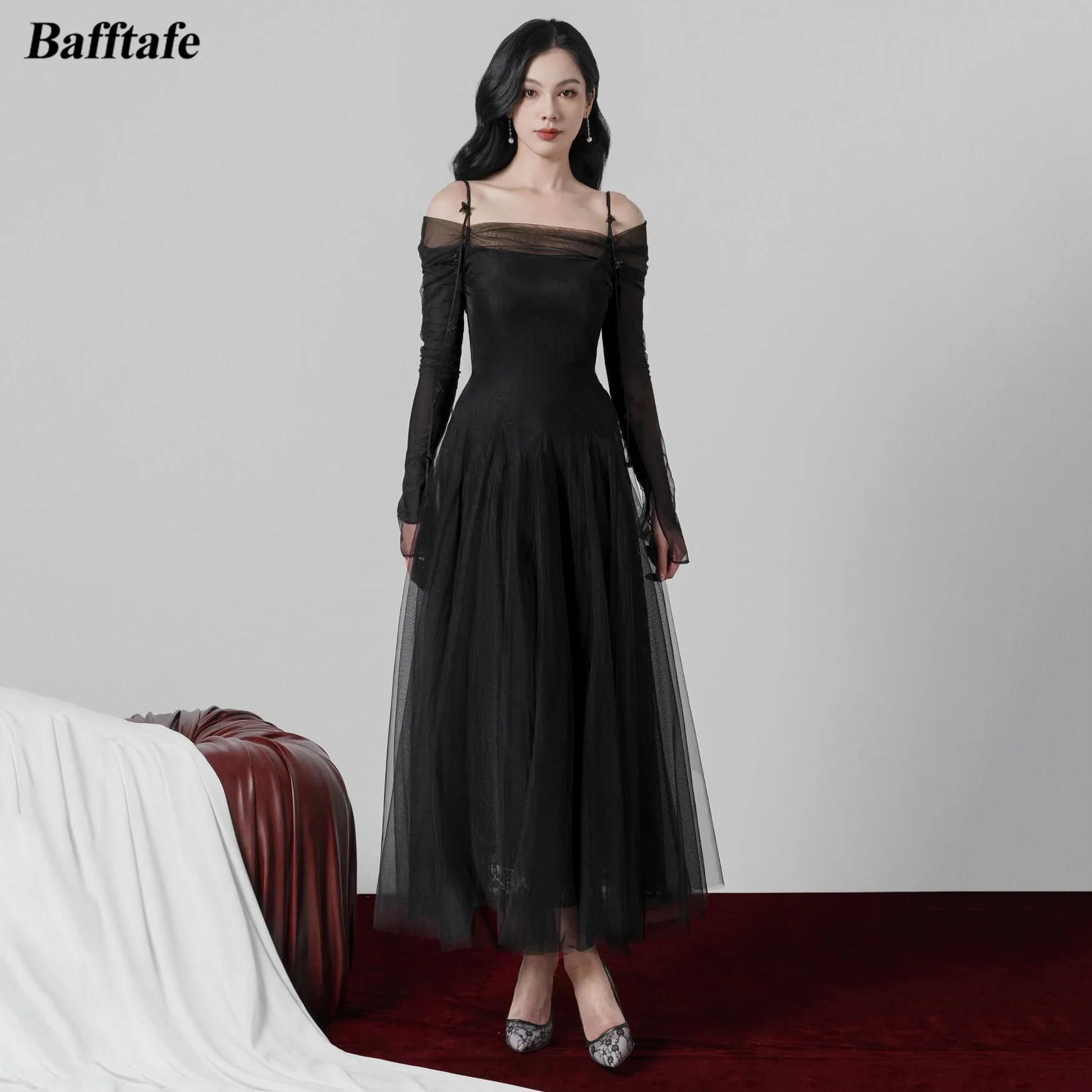 

Bafftafe Black Tulle Women Formal Prom Gowns Long Sleeves Homecoming Dresses Birthday Special Occasion Party Gowns Customized