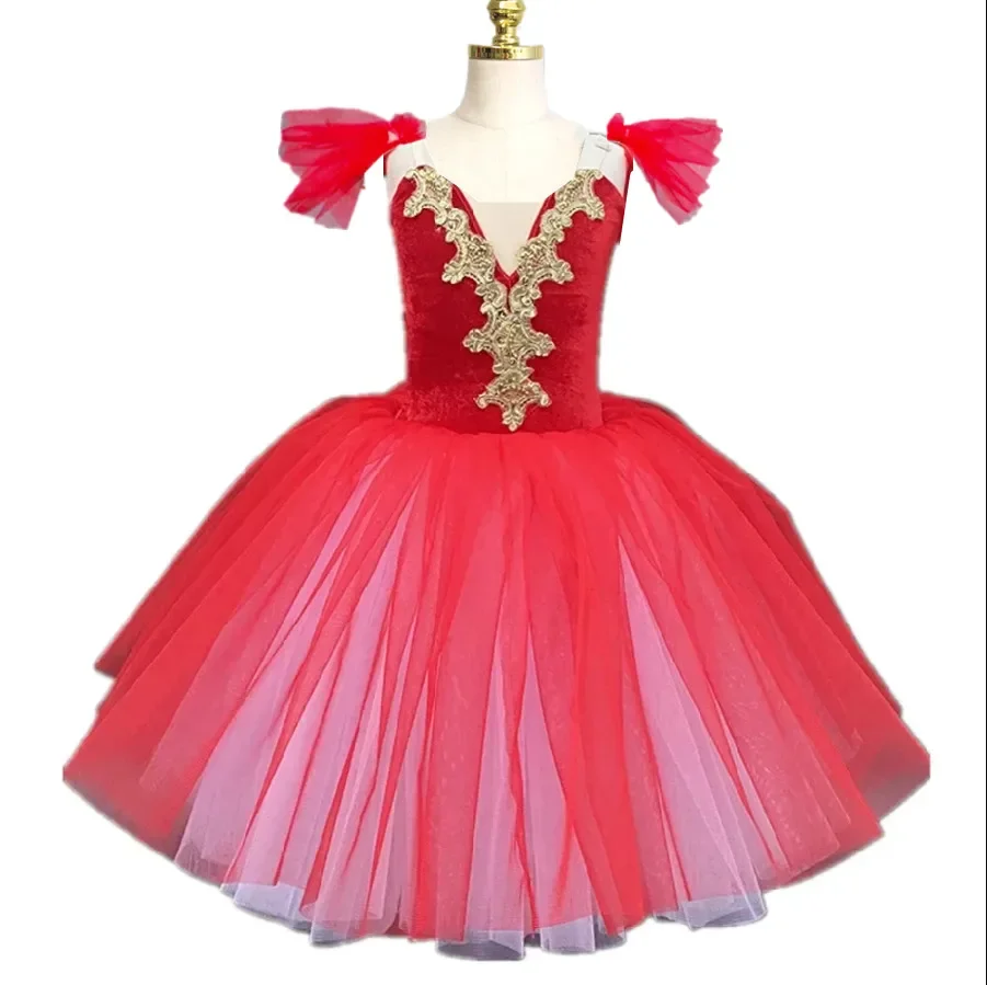 Robe Tutu de Ballet Longue Rouge pour Fille, Jupe FzLake, Costume de Performance Professionnelle, Éducatif