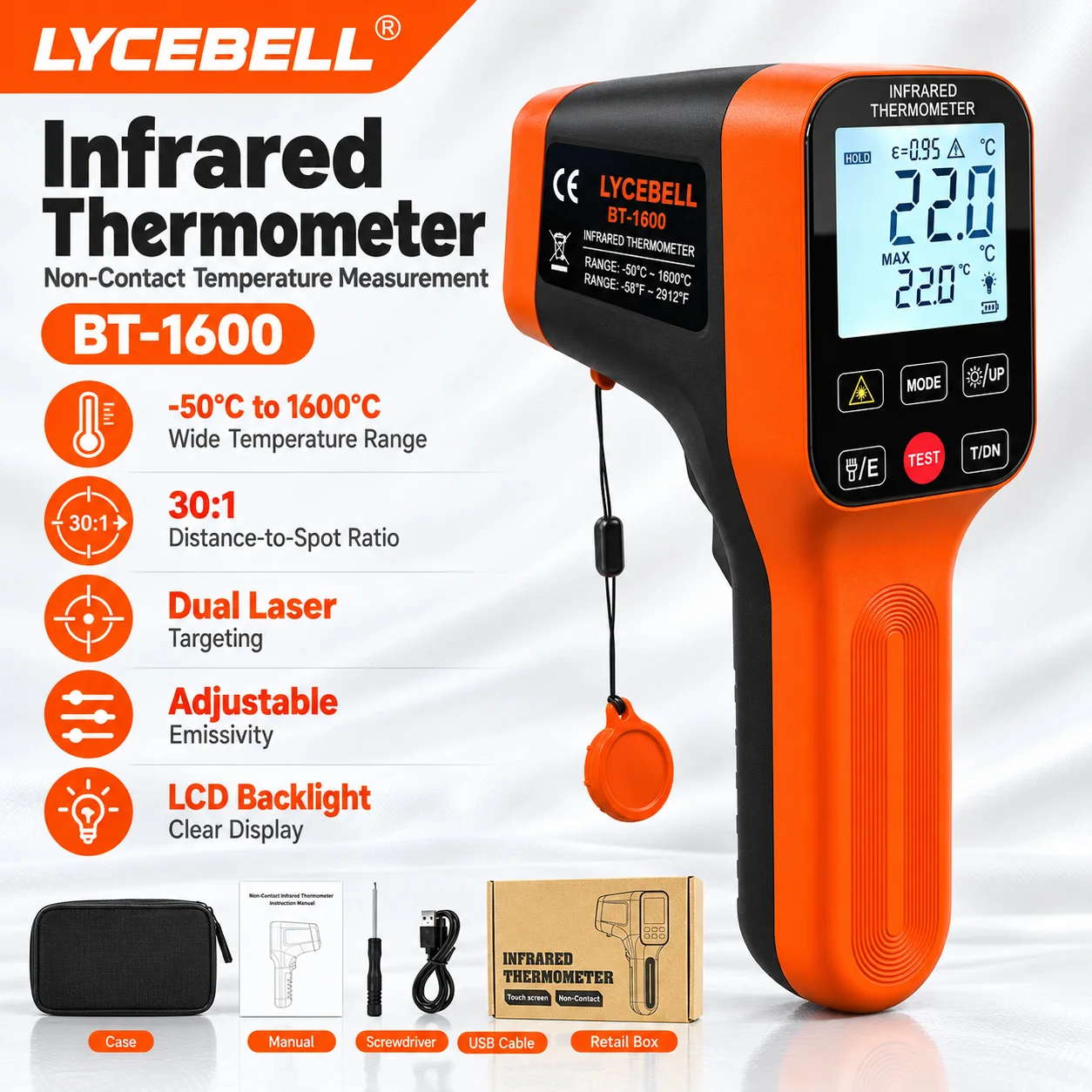 HoldPeak Infrared Thermometer 1600, -50 to 1600 °C Temperature Gun, 30:1 D:S Ratio, Adjustable Emissivity, Rechargeable for HVAC