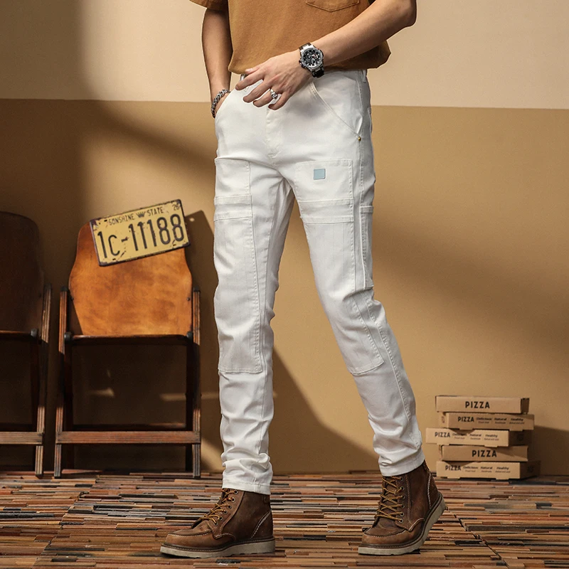 White Stitching Jeans for Men Fashion Slim Stretch Multi-pocket Personality Biker Denim Jeans Pants Trousers Male Streetwear
