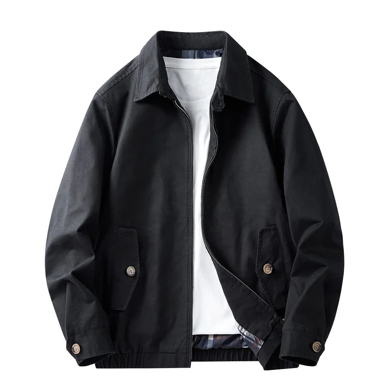 Men Khaki Black Apricot Solid Color Turn-down Collar Zipper Long Sleeve Casual Trendy Simple Basic Daily Jackets Coats Male Tops