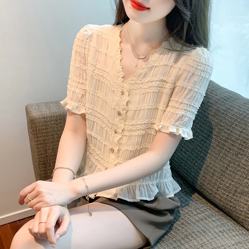

Apricot Elegant Ruffled V-neck Chiffon Blouse Women 2023 Summer Fashion Short Sleeve Shirts Korean Ladies Cute Slim Blouse