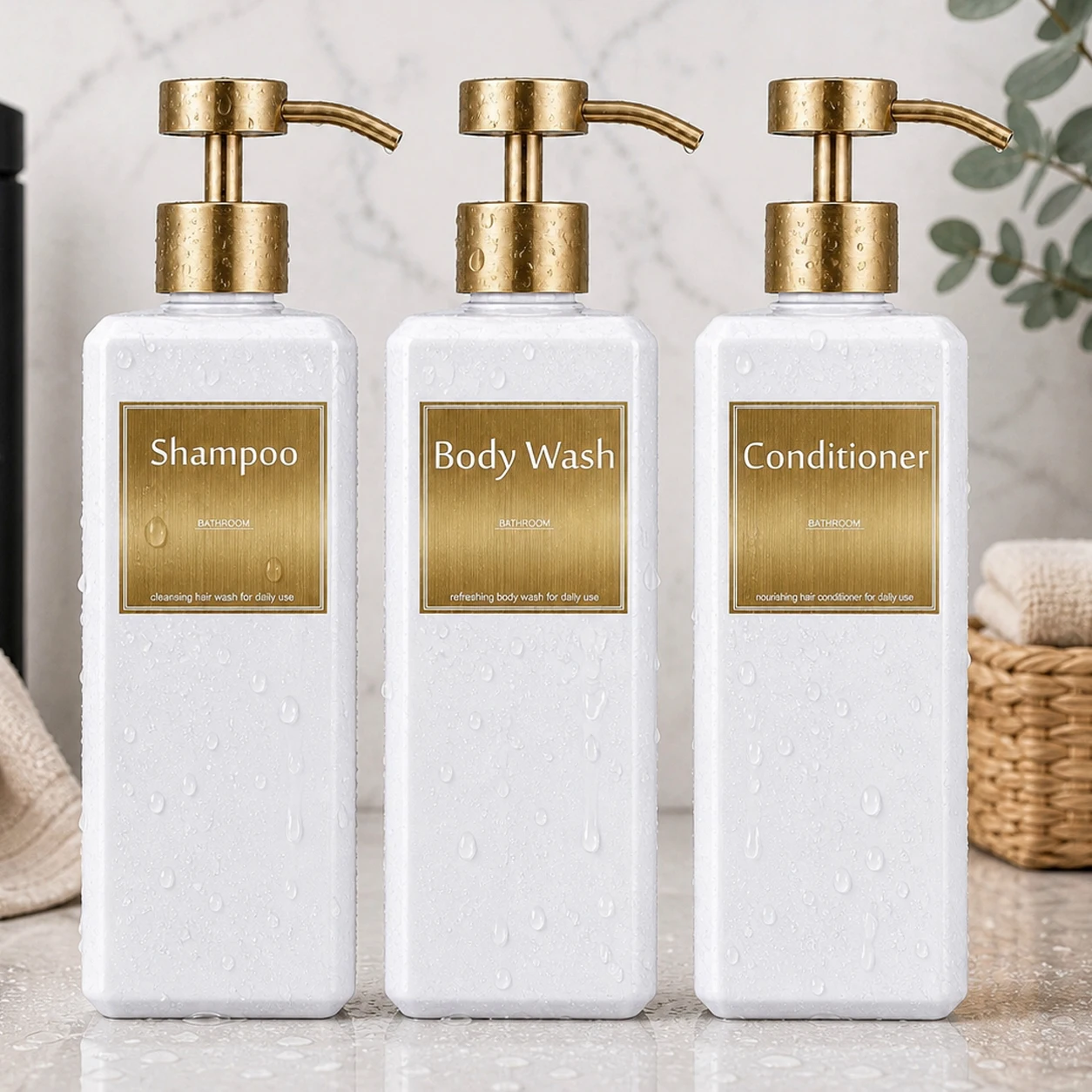 Bathroom Shower Dispenser with Labels  – Space-Saving Shampoo and Bodywash Bottle for Keeps Bathtub Edge and Vanity Organized