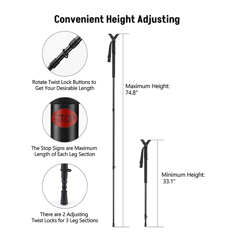 

MidTen Monopod Stick with V Yoke Rest 33.1" to 74.8" Height Adjustable Walking Stick with Shoulder Wrist Strap Stand Lightweight