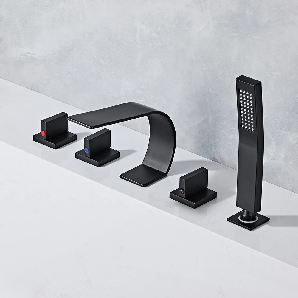 Grifo de lavabo y bañera TOLM, grifo de agua fría y caliente, juego de 5 piezas, grifo de instalación en encimera, grifo de lavabo de aleación de cromo