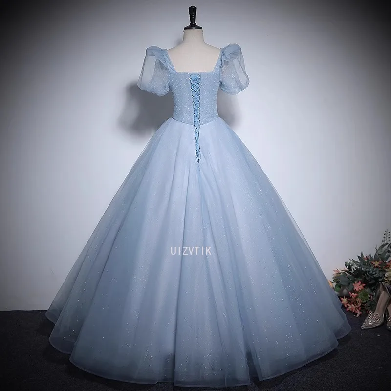 فستان حفلة موسيقية من التول الأزرق الأميرة ألف خط فساتين الأداء للنساء طول الأرض ثوب عيد ميلاد 15 Quinceañera ثوب التخرج