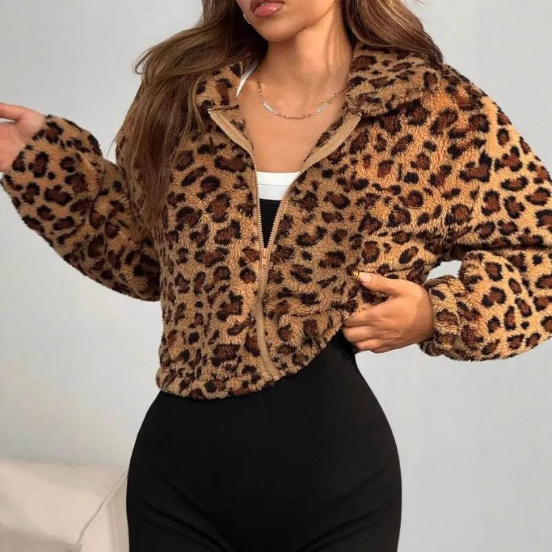 

Winter Leopard Print Cropped Jacket Women's Stand Collar Warm Zip Up Outwear New Autumn Korean Female Loose Harajuku Streetwear