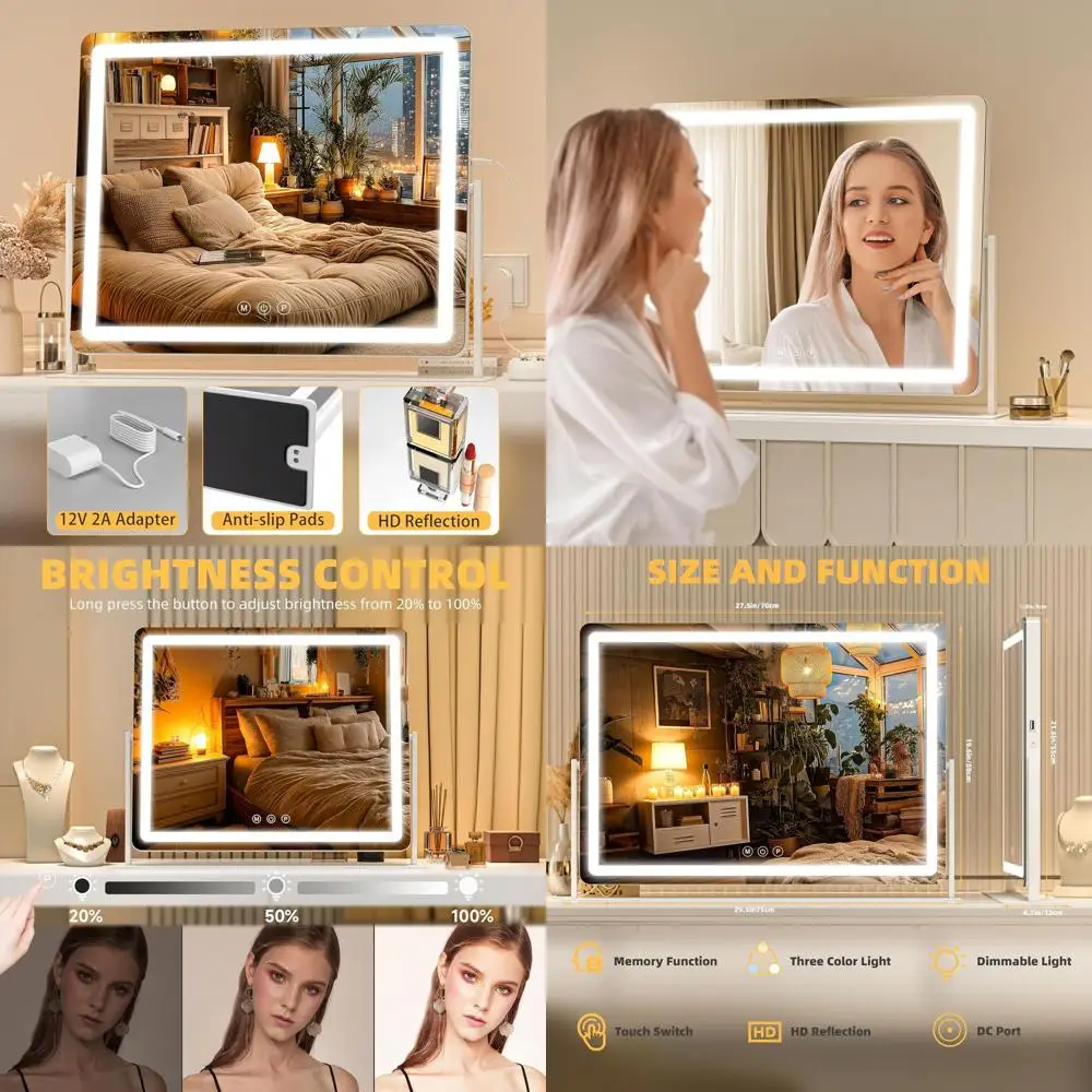 مرآة زينة LED بيضاء مستديرة، 29.5 × 22، شاشة تعمل باللمس، إضاءة بثلاثة ألوان، مرآة مكياج قابلة للتعتيم للمكتب #1