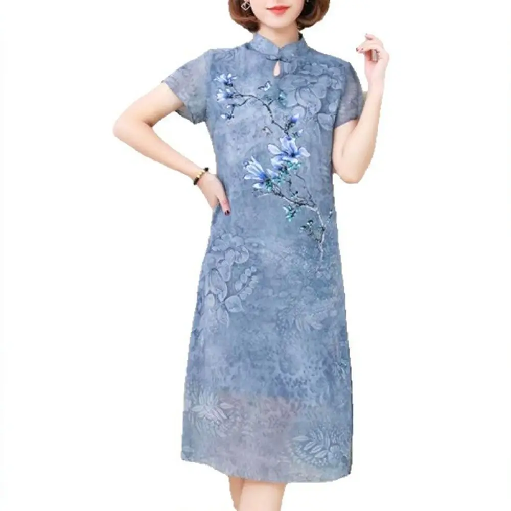 Summer Chiffon Floral Dress Elegant Cheongsam Collar Midi Skirt Short Sleeve Casual Loose Mother Ethnic Wear