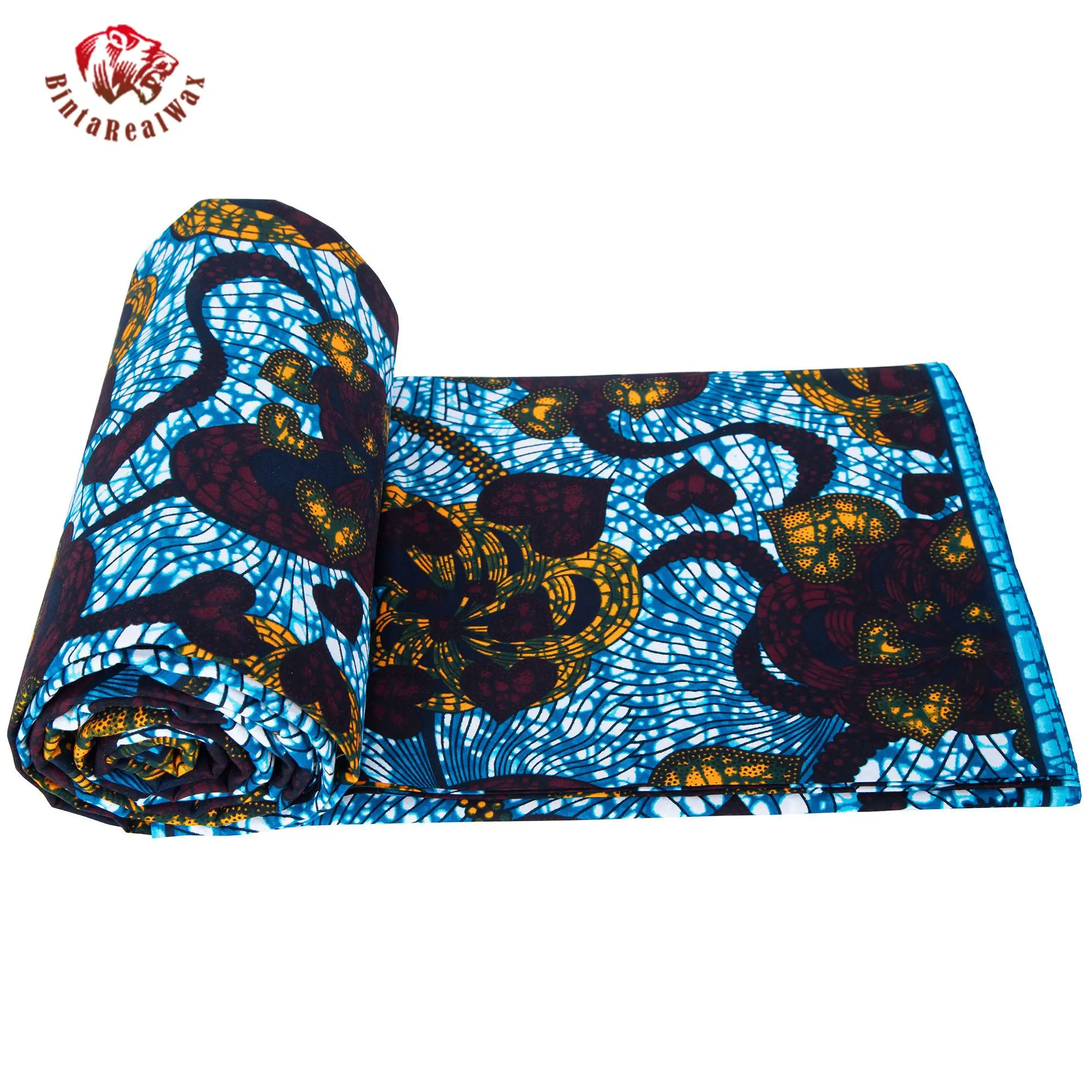 African Wax Print Fabric Vibrant Blue Gold Floral Pattern, High-Quality Cotton Ankara Fabric for Dress, Skirt, Headwrap 24FS1614 view 4