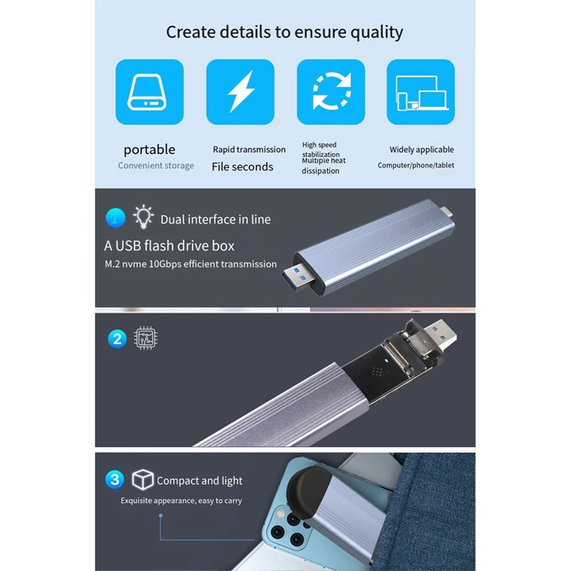 HFES M.2 SSD Case M.2 To USB 3.1 Gen 2 10Gbps NVME SSD Case Dual Interface Inline SSD Case Supports NVME Protocol