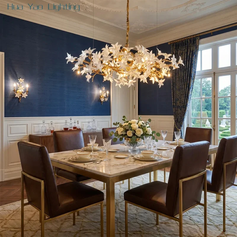 French Luxury Glass Flower Chandelier for Dining Living Room Villa Gold Long Aluminum Branch Hanging Lamp Home Decor