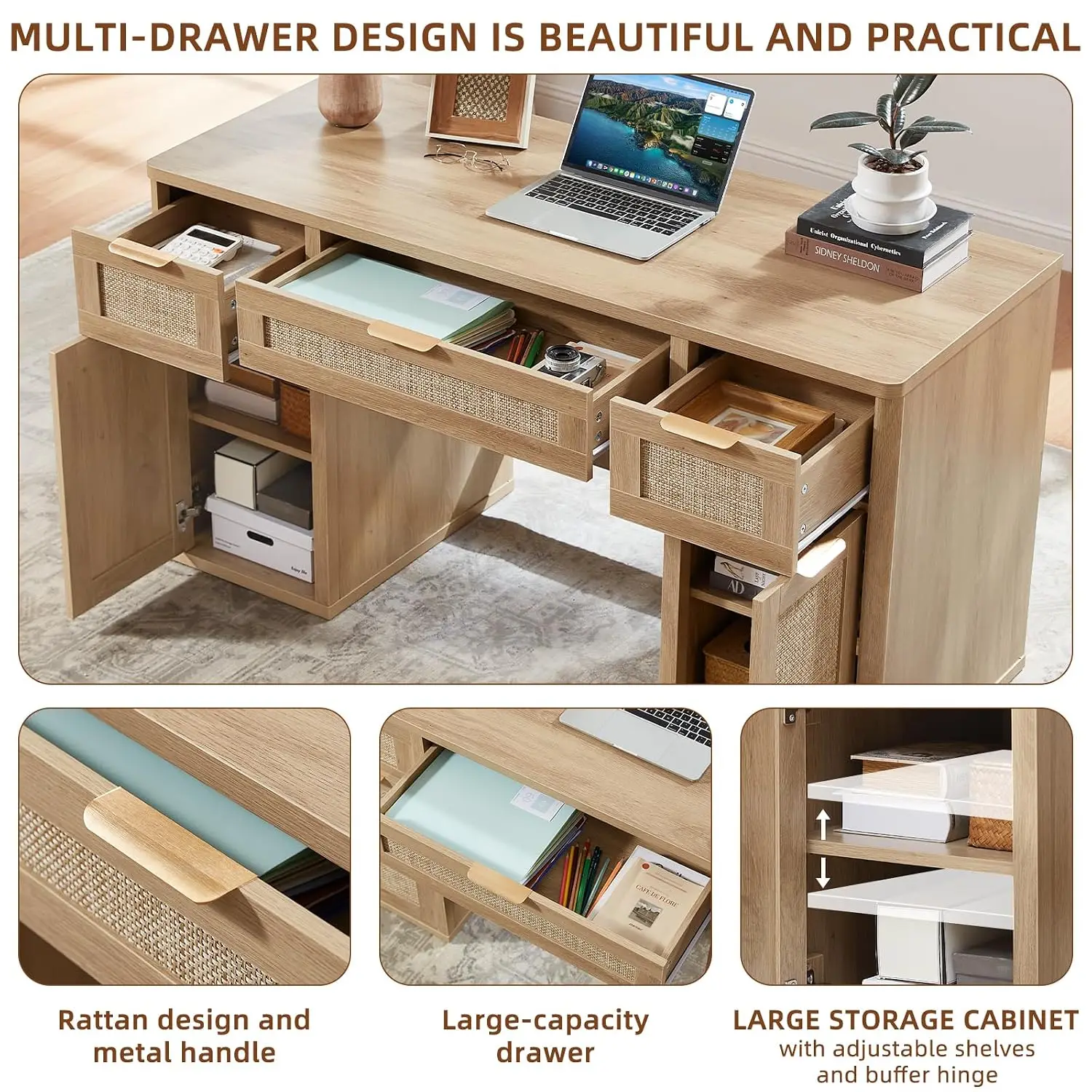 Natural Wood Office Desk with 5 Drawers Storage File Cabinet 56