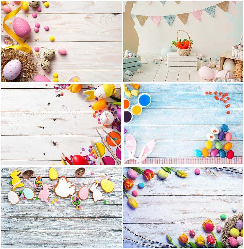 Baby Shower Wooden Boards Easter Theme Photographic Bunny Birthday Eggs Decor Backdrops Kids Newborn Flowers Tulip Backgrounds