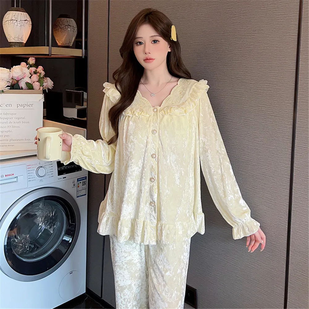 Autumn Velvet Pajamas Set Long Sleeve Shirt Trouser Suits Sexy Lace Trim V-Neck Sleepwear Loose Casual Home Wear Loungewear