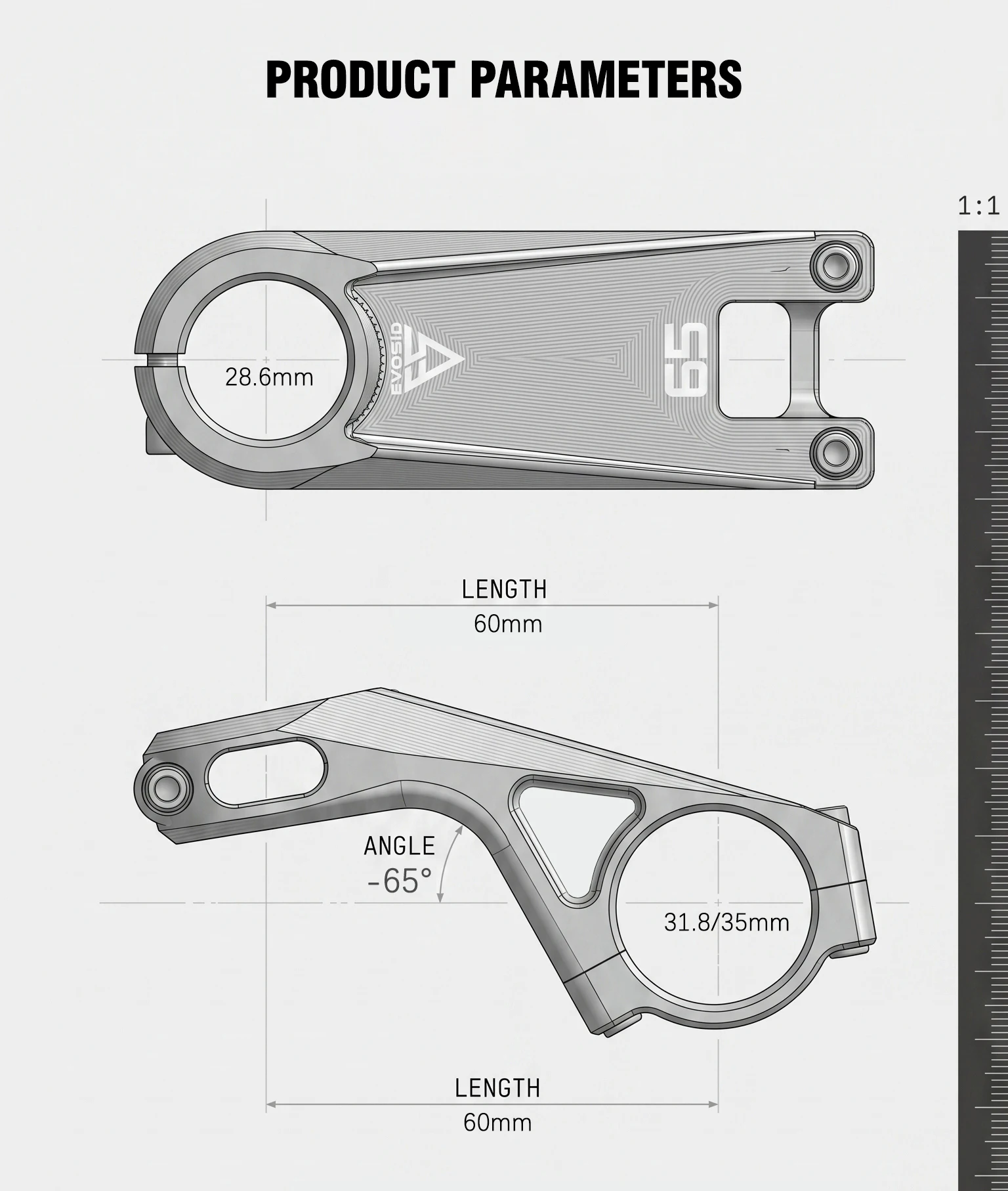 EVOSID Mountainbike-Vorbau 35MM Hochfester MTB-Fahrradvorbau -65 ° Degree MTB Bike Handlebar Riser Table 31,8 mm für XC/DH/AM/FR – Detail 7