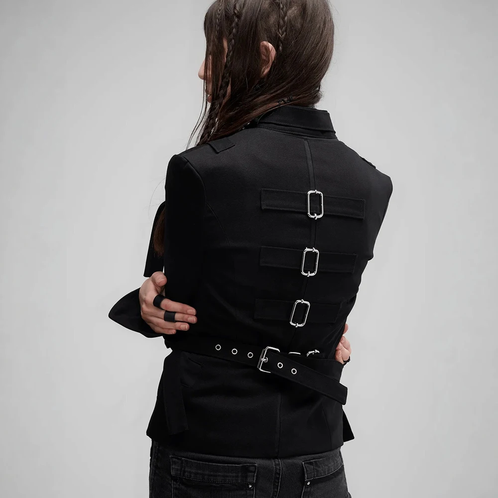 Herbst- und Winterjacke im neuen Gothic-Stil mit Metallschnallen-Design, Y2K, dunkel, schmal geschnitten – Detail 5