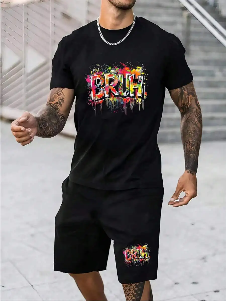 2pcs/Set Men's Graffiti Printed Casual Round Neck Short Sleeve TShirt + Drawstring Shorts Lightweight Breathable Printed Sportsw