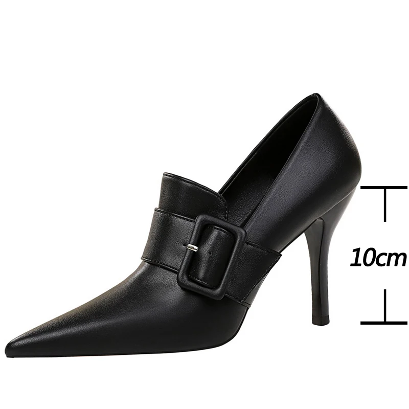 2024 New Pointed Shoes Women Pumps Belt Buckle Decoration High Heels Pu Leather Shoes Female Stilettos Heels Office Career Pumps