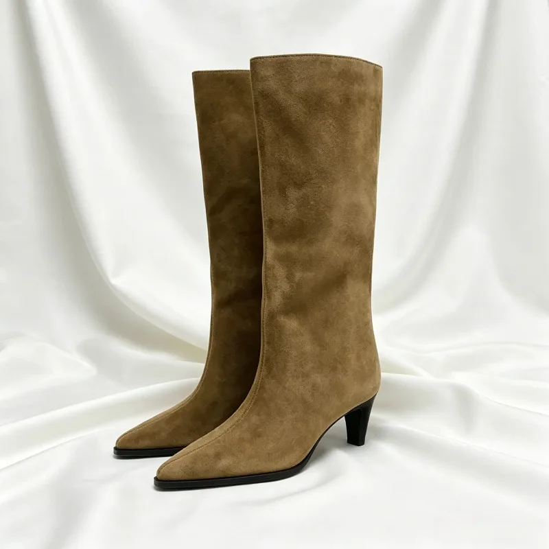 Fashion Pointed-Toe Sewing Design Knee-High Boots Women High-quality Brown Suede Boots Cozy Soft Leather Kitten Heel Long Boots