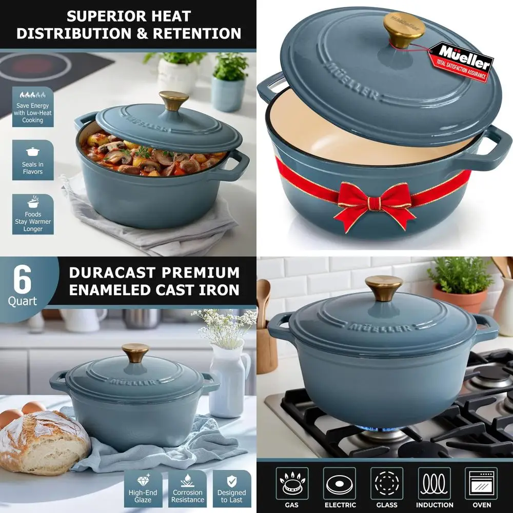 

4.7L Blue Enamel Cast Iron Dutch Oven, Heavy Duty, Oven Safe to 260°C, Multi-Cooktop Compatible with Lid and Knob