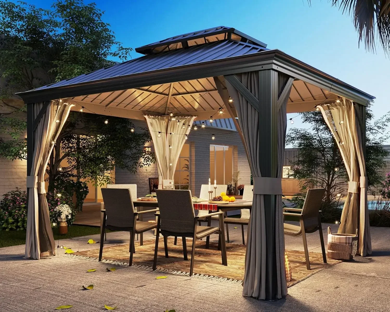 10x12 ft Metal Gazebo with Nettings and Curtains for Patios, Waterproof Permanent Heavy Duty Double Hard Roofs Gazebos