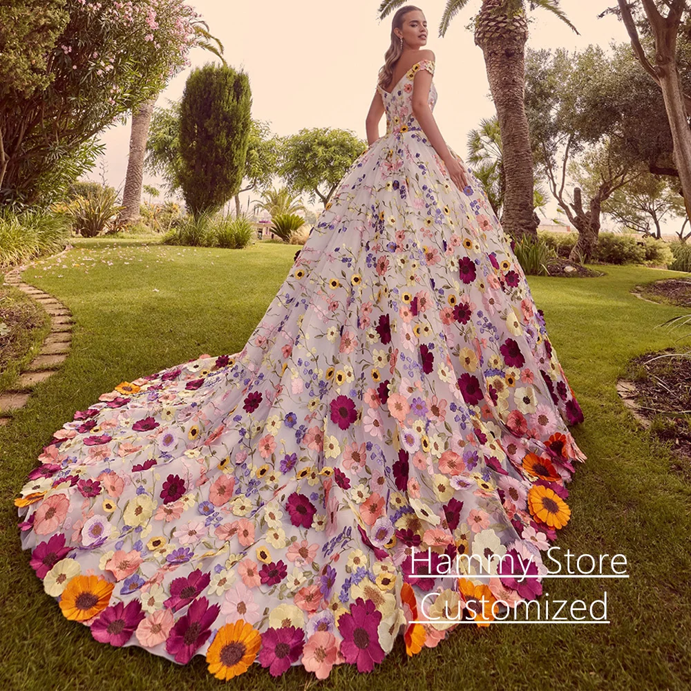 Colorful Flower Wedding Dress Off The Shoulder Sweetheart Customized Embroidery Lace Ball Gown Bridal Dresses Sweep Train