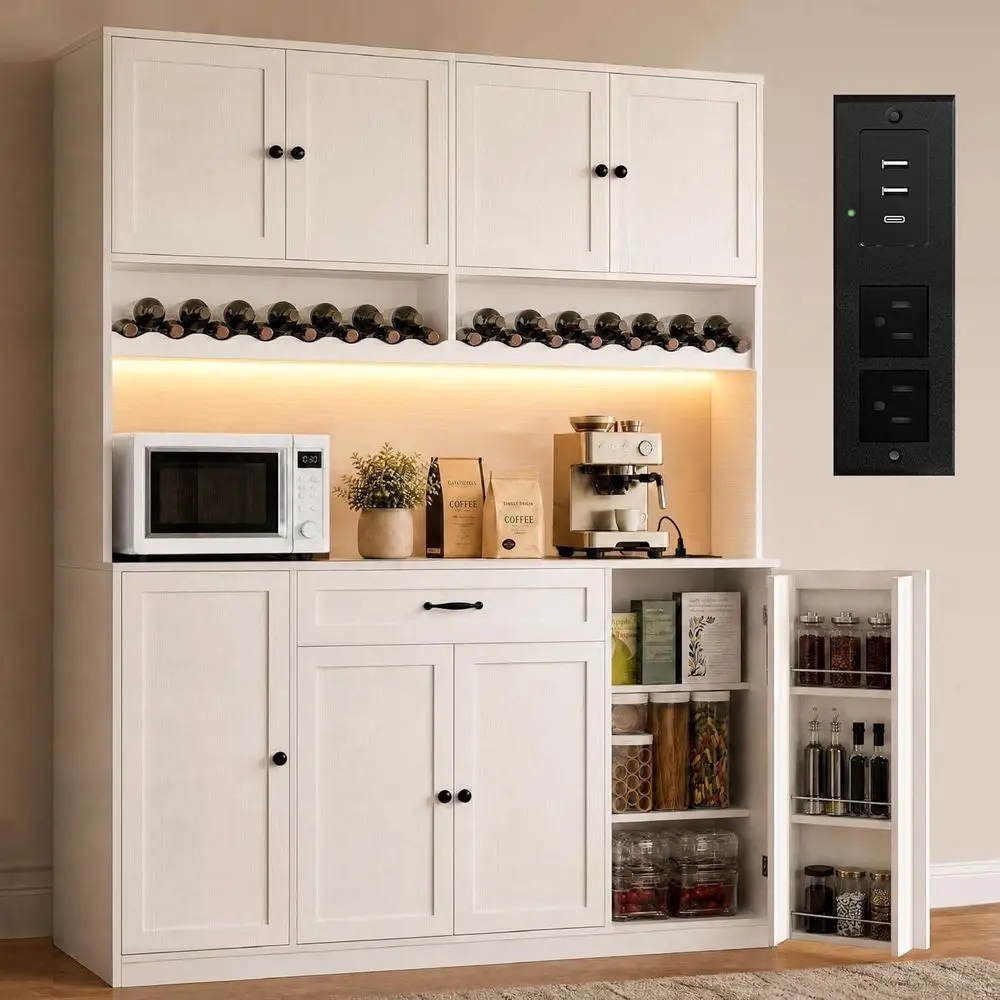 72 Tall LED-lit Pantry Cabinet with Charging Station, Adjustable Shelves, Wine Rack & Large Countertop