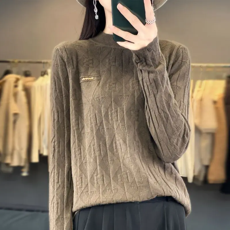 Office Lady Solid Color Pullover Lantern Long Sleeve Screw Thread Sweater Knitted Elegant Women\'s Clothing Autumn Winter Tops